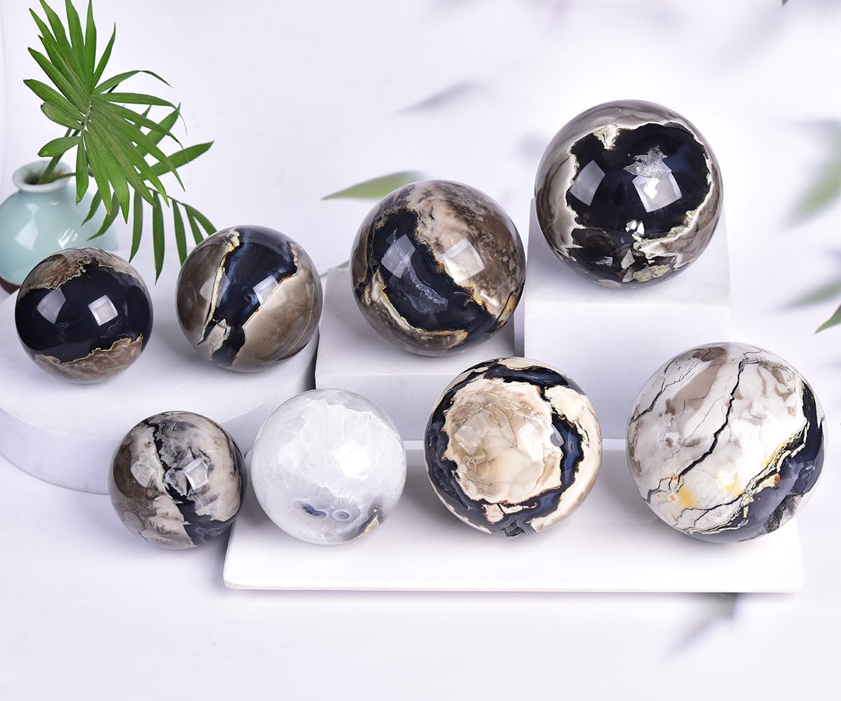 JIC Gem 2.7-3.1 inch(70-80mm) Large Volcanic Agate Crystal Sphere Quartz Crystal Ball with Stand Healing Ornament Witchcraft Meditation Decor
