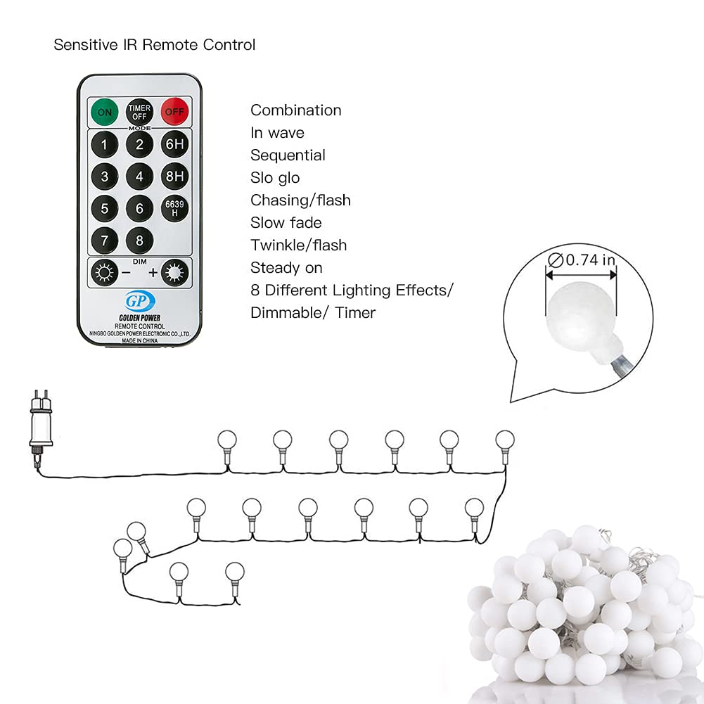 Fairy Lights Plug in 120 LEDs, 15M/49ft Globe String Lights, 8 Modes Garden Lights with Remote Timer Control, Christmas Lights Outdoor/Indoor for Bedroom, Party, Wedding Decorations (Multi-Coloured)