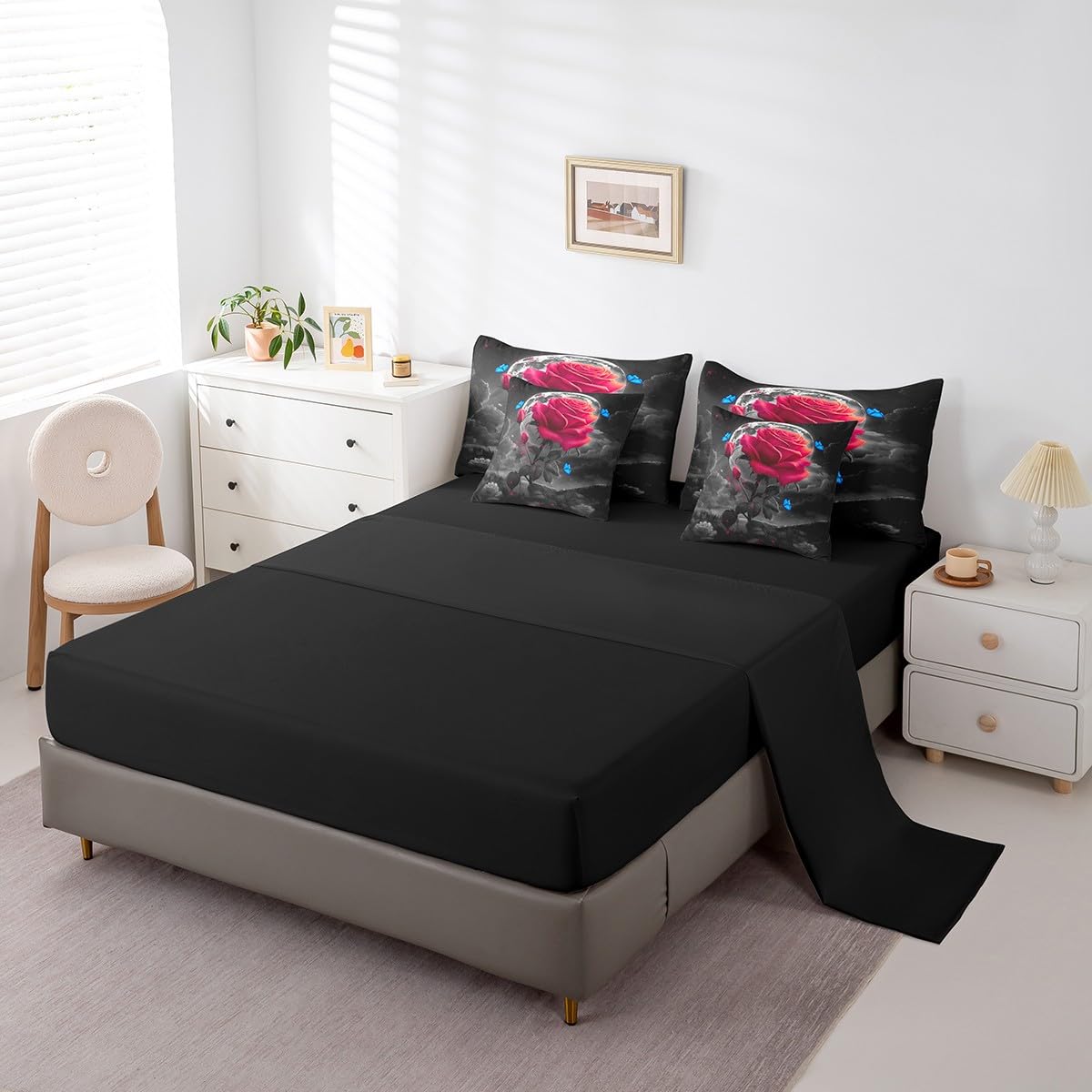 Feelyou Red Rose 7 Piece Bedding Set for Adult Couple Full Size Blue Butterfly Comforter Set with Sheets Boys Girls Flower Floral Bed in a Bag Moon Night Bed Set