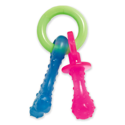 Nylabone Puppy Dog Teething Chew Toy Pacifier, Bacon Flavour, Extra Small, for Puppies Up to 7 kg, Blue/Pink