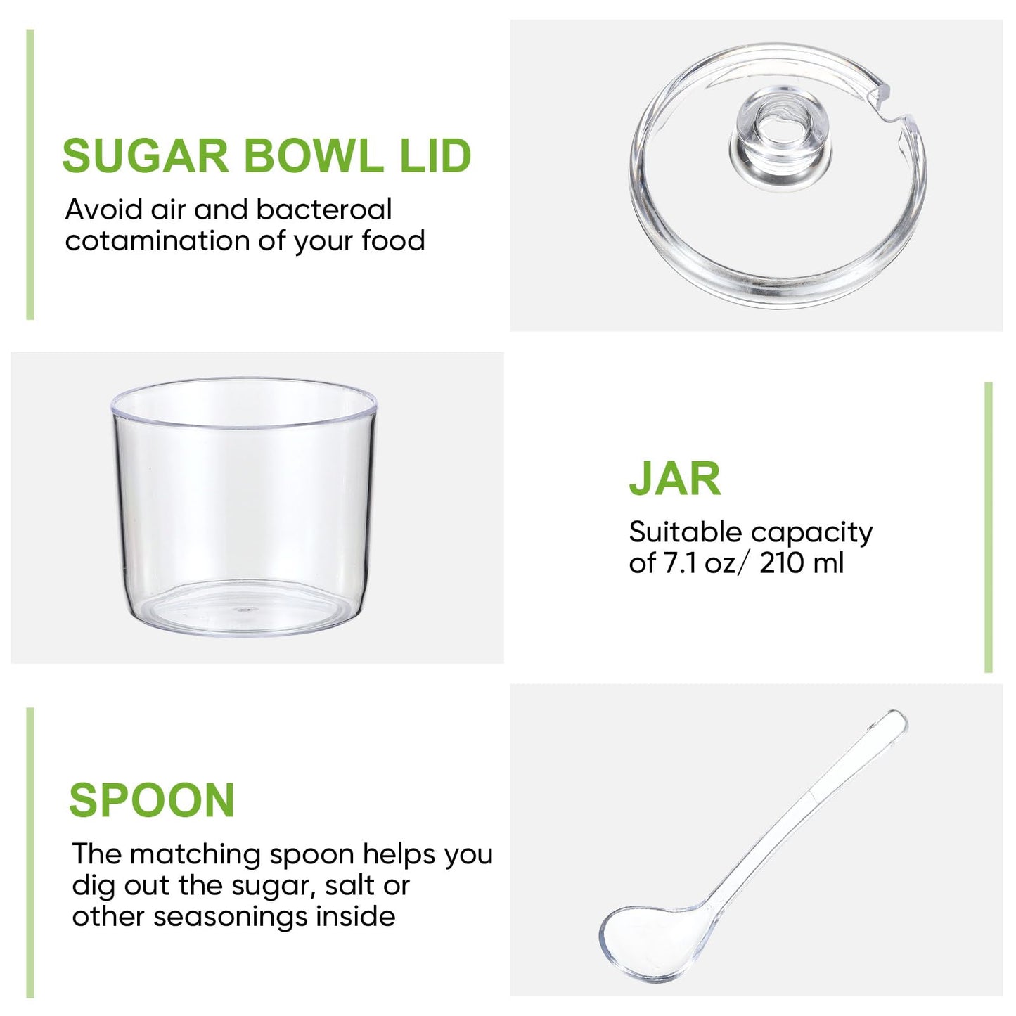 LemonRoad Set of 3 Clear Acrylic Sugar Bowl with Lid and Spoon for Coffee Bar Accessories, 7oz Tea Sugar Coffee Containers Salt Canister Spice Jars, Kitchen Seasoning Box Condiment Pots with Labels