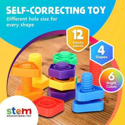 Skoolzy 12 Pc Jumbo Nuts and Bolts - Montessori Set for 18 Month+ Kids – Travel & Motor Skills Development