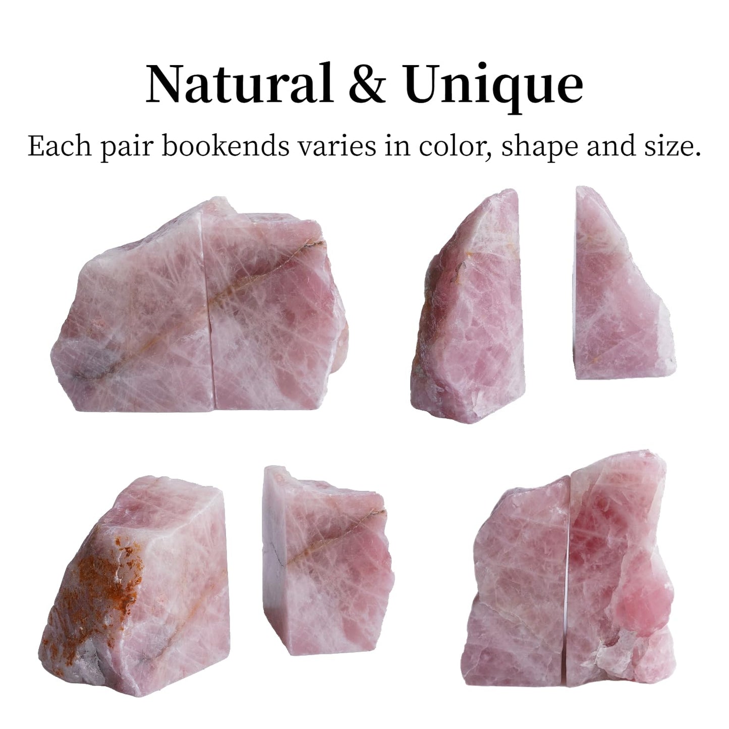 Sisamn Heavy Duty Rose Quartz Bookends - Decorative Stone Book Ends 3-4 Lbs, for Office Home Decor, Large Book Holder Gift (1 Pair, 4-6.5" Height with Non-Slip Bumpers)