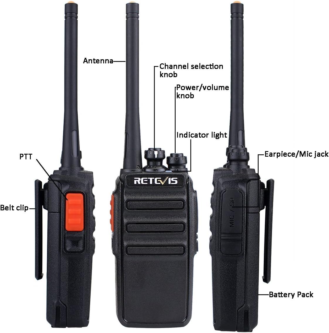 Retevis RT24 Walkie Talkies for Adults, Rechargeable 2 Way Radio Long Range PMR446 License Free 16 Channels CTCSS/DCS, Two Way Radio with Earpiece and USB Charging Base(Black, 2 Pair)