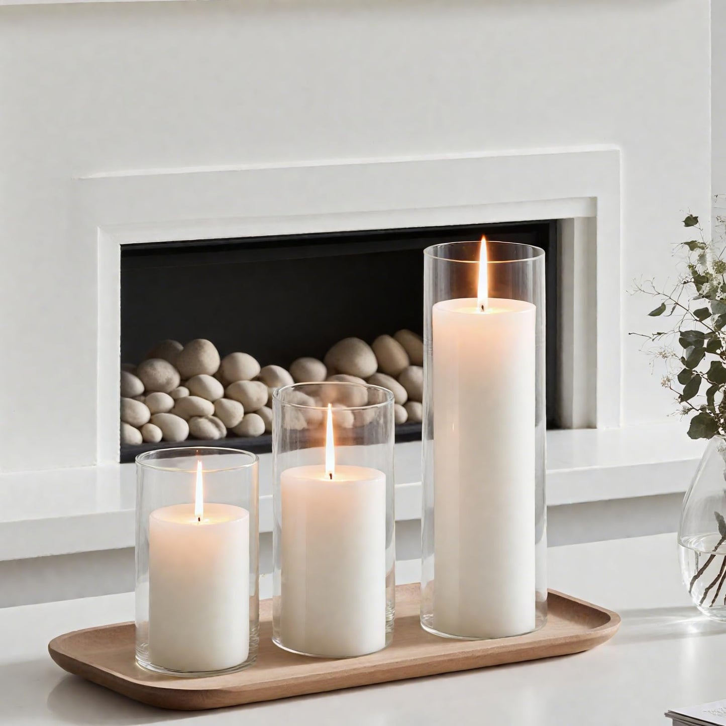 FFUW 24 Pcs White Pillar Candles with Glass Candle Holder Hurricane Glass Candle Holders Clear Cylinder Vases for Centerpieces Wedding Office Party Home Table Decor