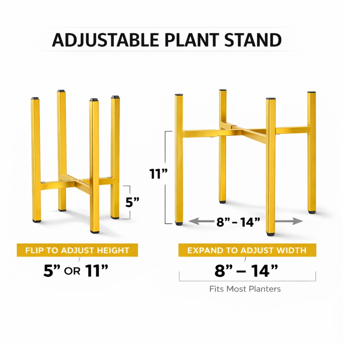 RAINBLELAND Gold Metal Plant Stand for Indoor Plants, Adjustable Heavy Duty Plant Stand Fits 8-14 Inch Pots, Modern Brass Flower Pot Holder with Anti-Scratch Feet, Mid Century Indoor Plant Stand