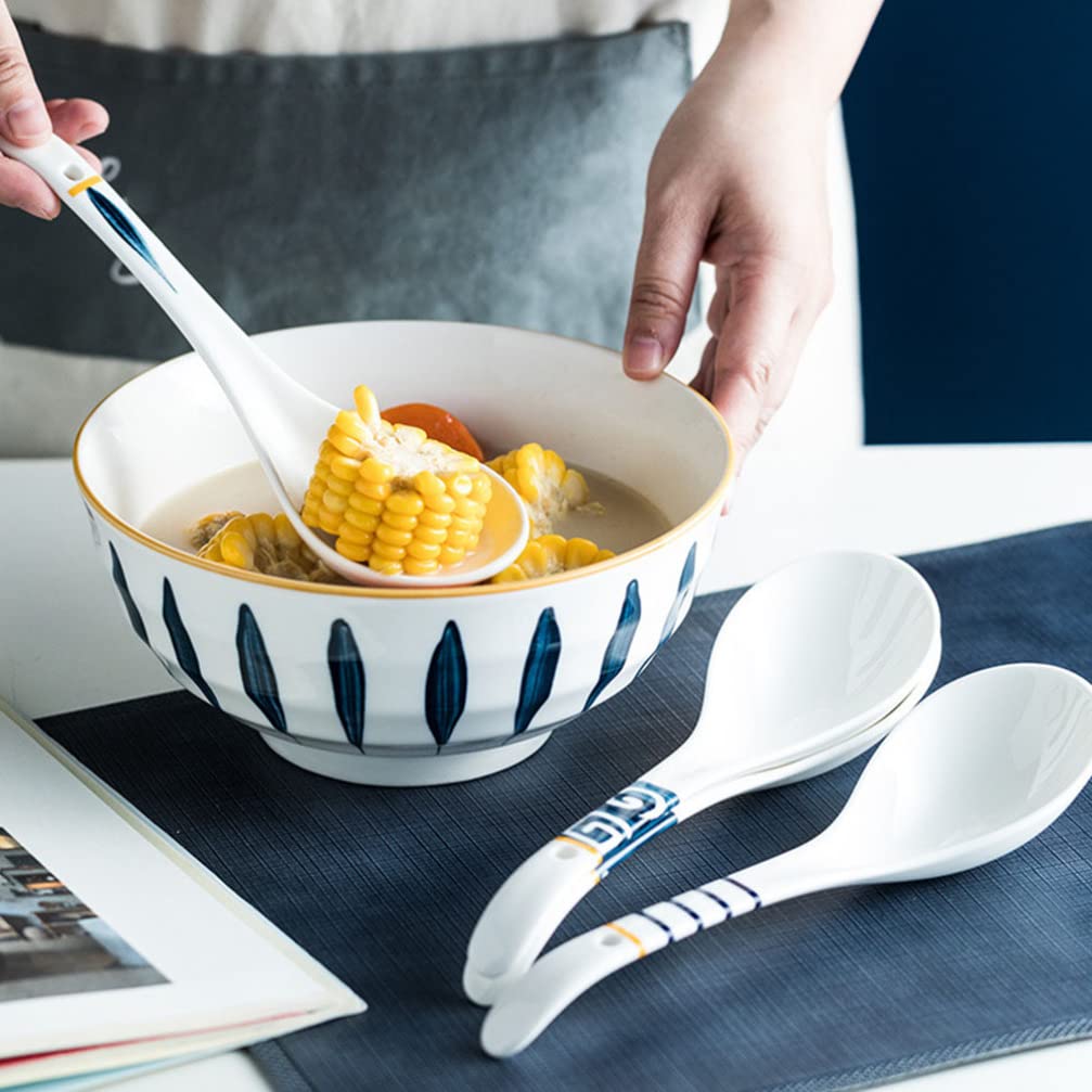 Hemoton Ceramic Soup Spoons with Long Handle 9.05 Inch Set of 2 for Rice Porridge Serving Kitchen Household