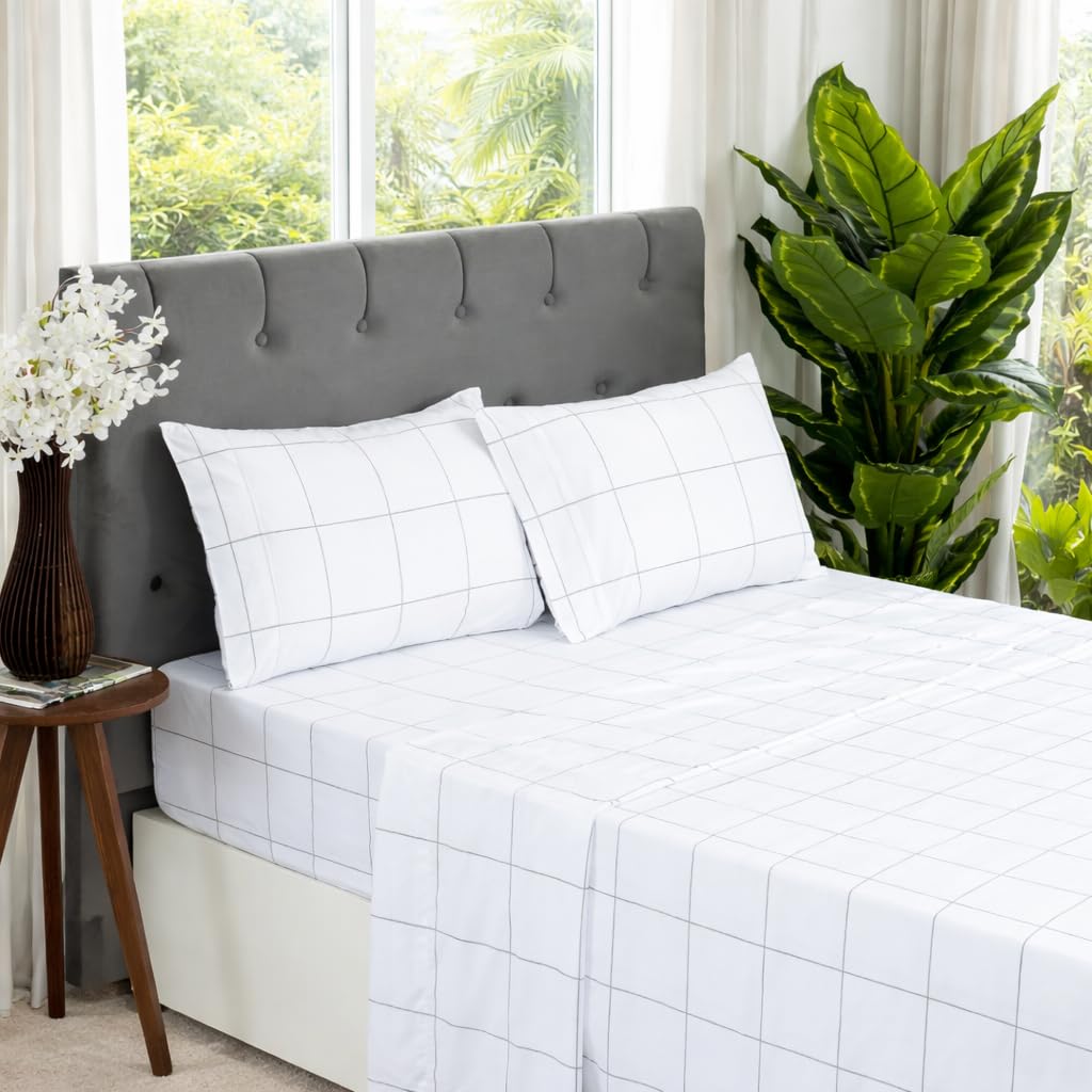 Dreamology Queen Sheet Set - 4 Pieces Microfiber Sheet, Printed Sheet Set with Solid Cuffed Detail, Includes 1 Flat Sheet, 1 Deep Pocket Fitted Sheet and 2 Pillowcases, Queen Sheets – Geo