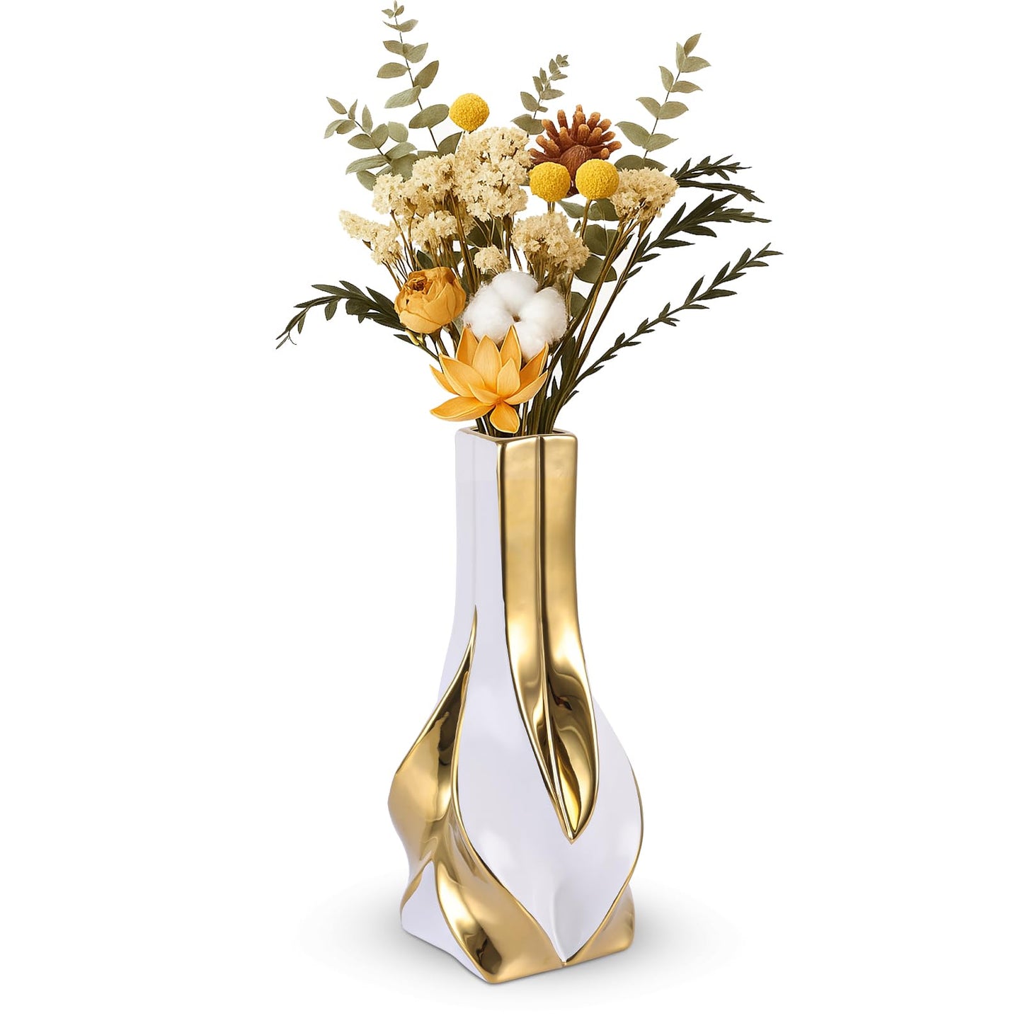 10.6" White and Gold Ceramic Vase, Modern Geometric Flower Vase for Dining Table Centerpiece, Elegant Decorative Vase for Pampas Grass, Living Room, Bedroom, Office, Tabletop Decoration