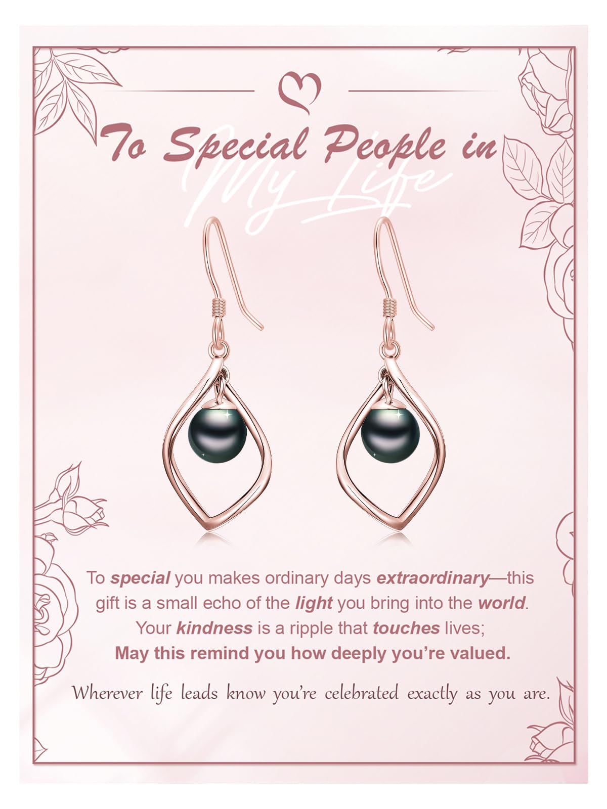 KANNSOAR Tahitian Black Pearl 6MM AAAA 18K White Gold Plated Sterling Silver Dangle Drop Earrings for Women Wife Mom Girlfriend Valentine Jewelry Gift for Anniversary Her Birthday(Rose Gold)