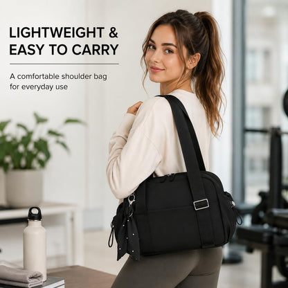 LOIDOU Small Gym Bag for Women, Mini Sports Duffel Bag with Wet Compartment, Pink Bow Pattern, Cute Workout Yoga Dance Tote (Black)