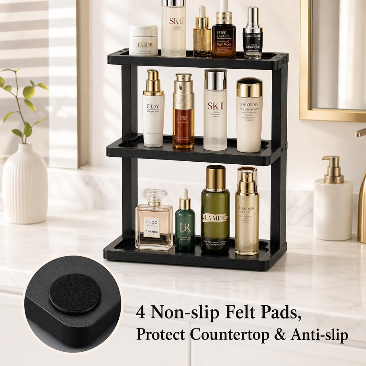 PEKER Bamboo Bathroom Organizer Countertop – Vanity Storage Shelf for Makeup, Perfume, Skincare – Natural Cosmetics Display Rack for Dresser, Sink, Kitchen – Black