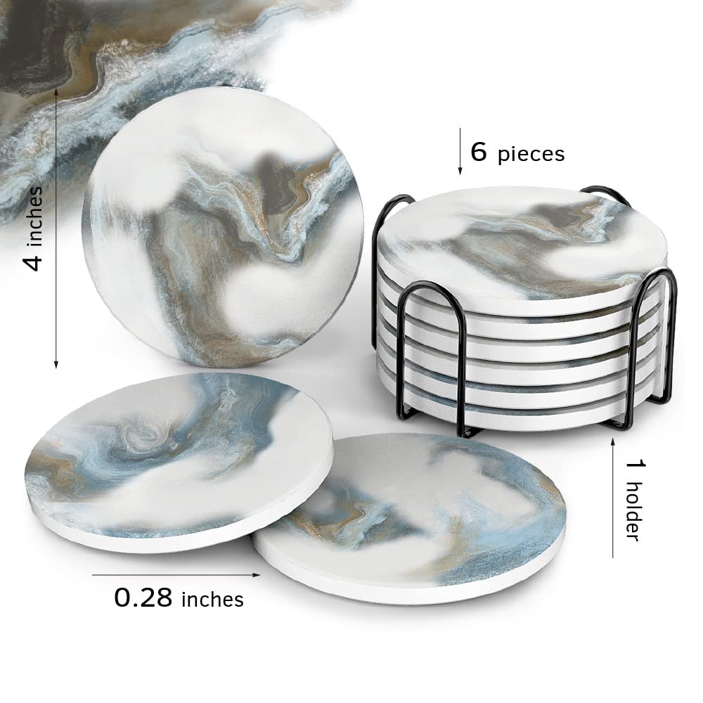 UMIRRO Absorbent Coasters for Drinks with Holder | Ceramic Stone Cup Coasters for Coffee Table | Modern Decorative Mat in Ocean Blue and Grey | Set of 6