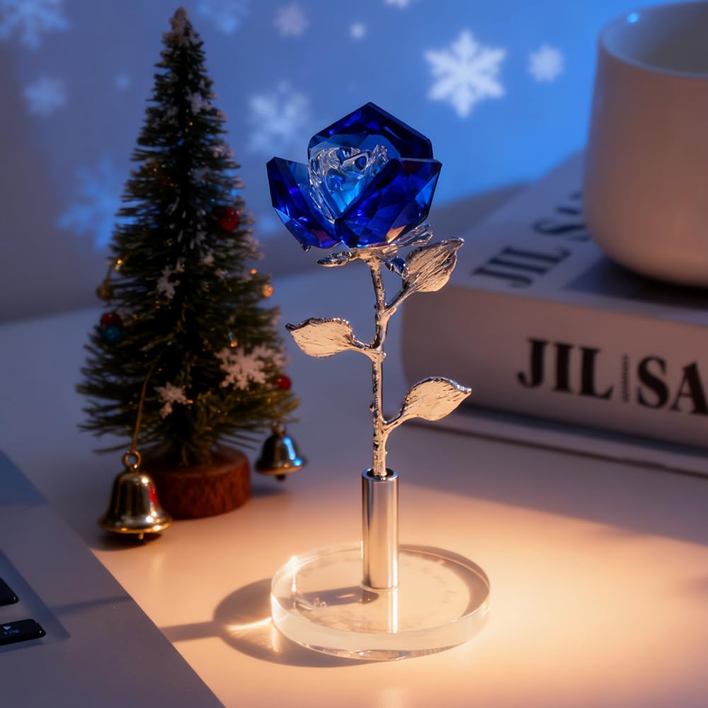 DLXK Crystal Flower Rose Figurine Faceted Glass Rose Statue Engraved Base Gift for Her Collectible Ornament Home Decor (Blue)