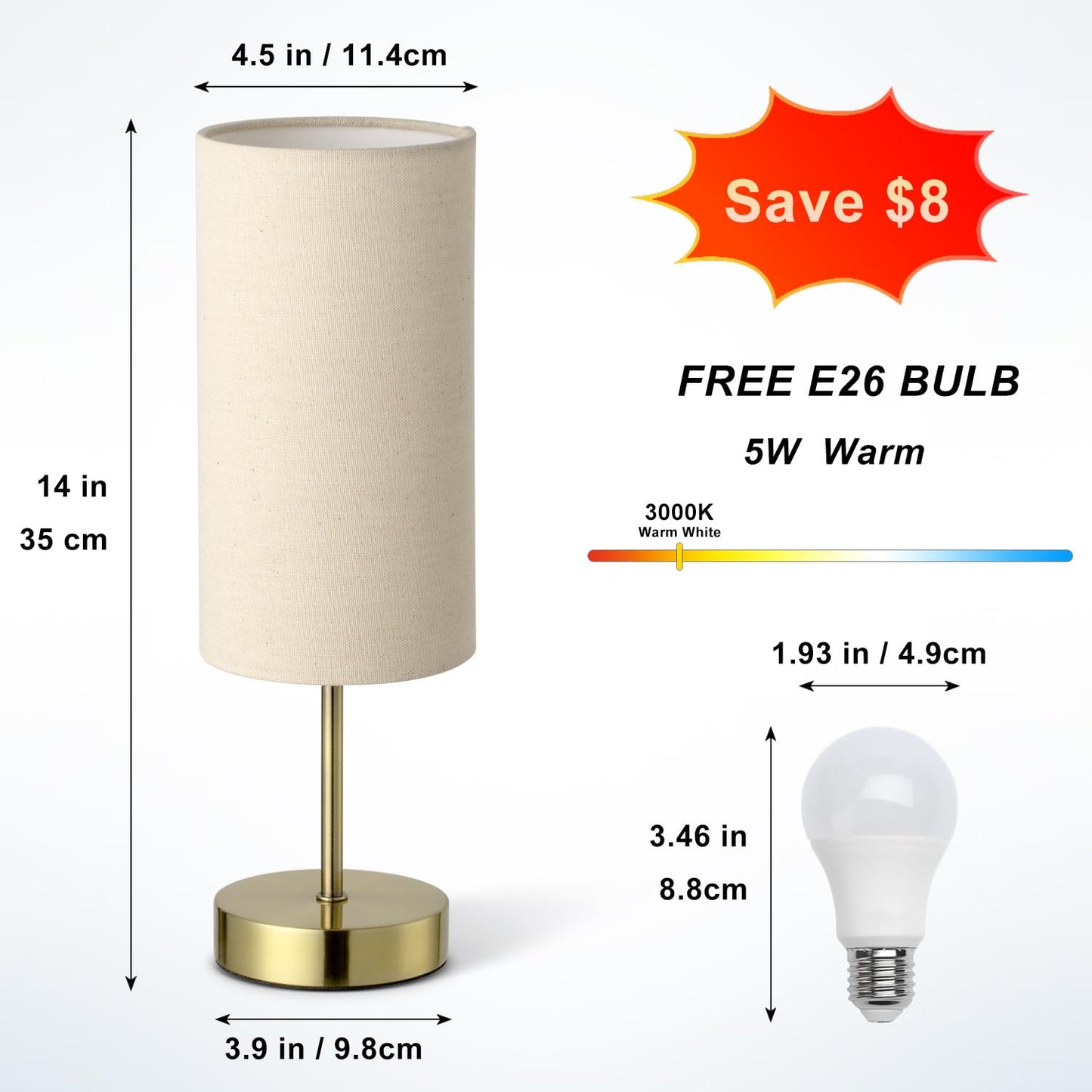 Small Side Table Lamp for Bedroom Night Stands, Round Linen Shade and Antique Brass Metal Base, Retro Minimalist Bedside Lamps for Dresser, Desk, Office, College Dorm, Warm Light, 5W LED Bulb Included