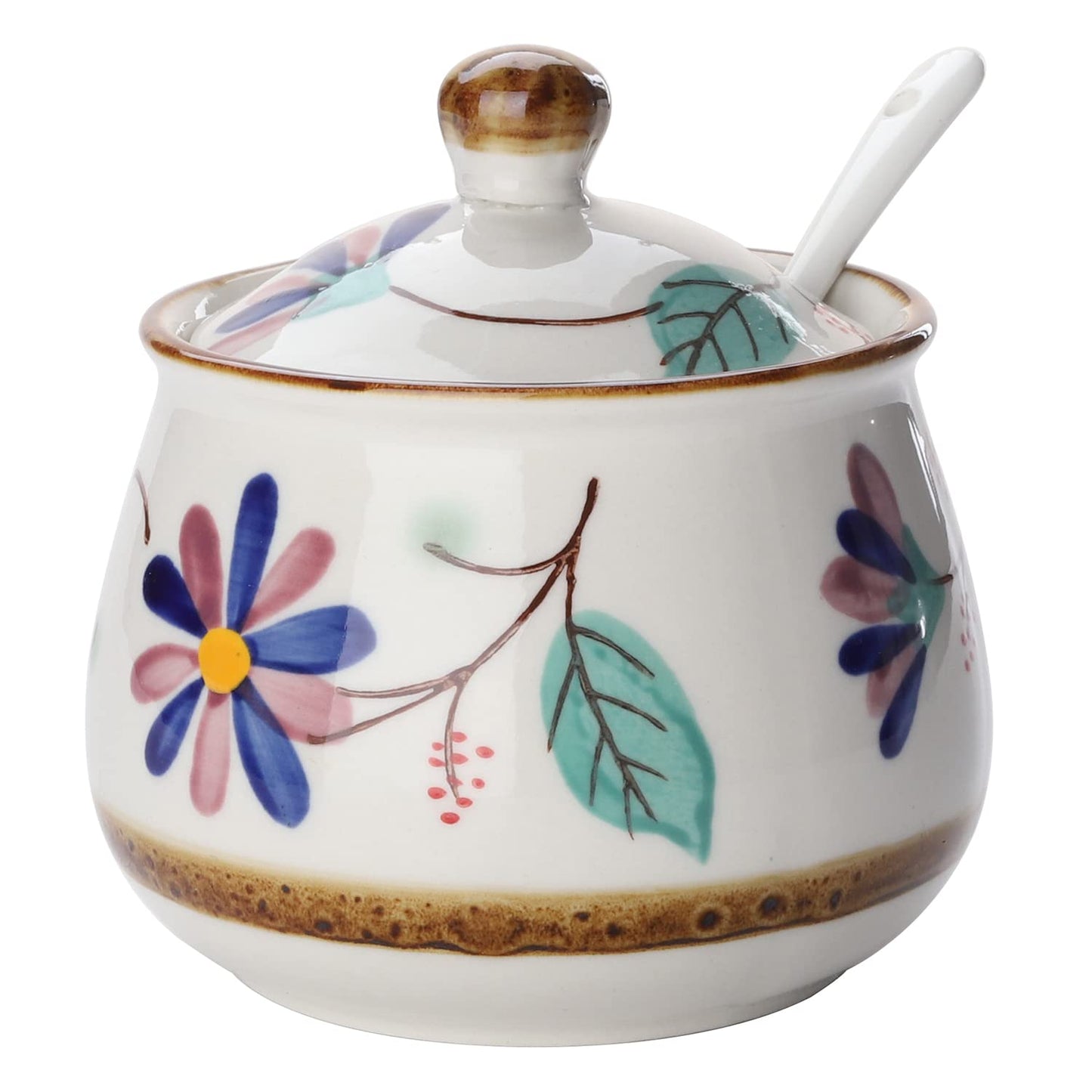 Evannt Porcelain Sugar Bowl Set of 2 Porcelain Sugar Jar with Lid and Spoon Sugar Canister Storage Container for Sugar Salt Spice Pepper Condiment (Style 2)