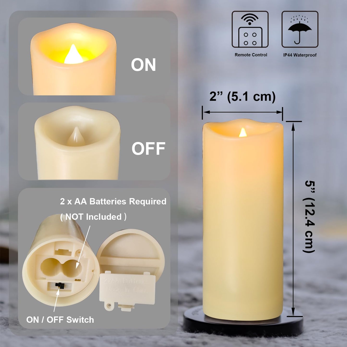4 Pack Outdoor Flameless Pillar Candles with Remote and Timer Battery Operated Waterproof Electric LED Candle Set for Home Décor HHalloween Party Wedding Supplies Garden Christmas Decoration 2”x5”