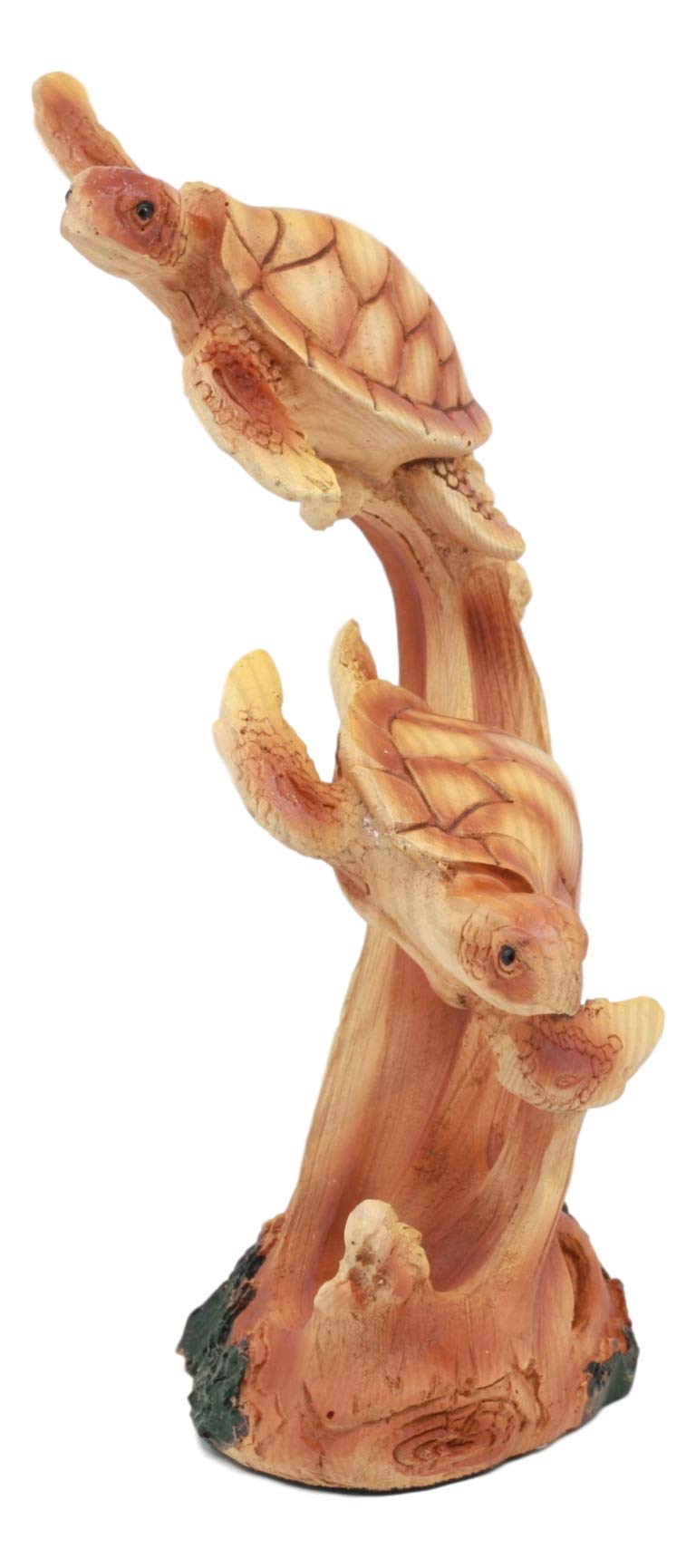 Ebros Exploring Sea Turtles Decor Statue 7.5" Tall in Faux Wood Resin Finish Marine Life Turtle Family Scene Figurine As Coastal Nautical Under The Sea Decor for Reptiles Aquatic Sculpture