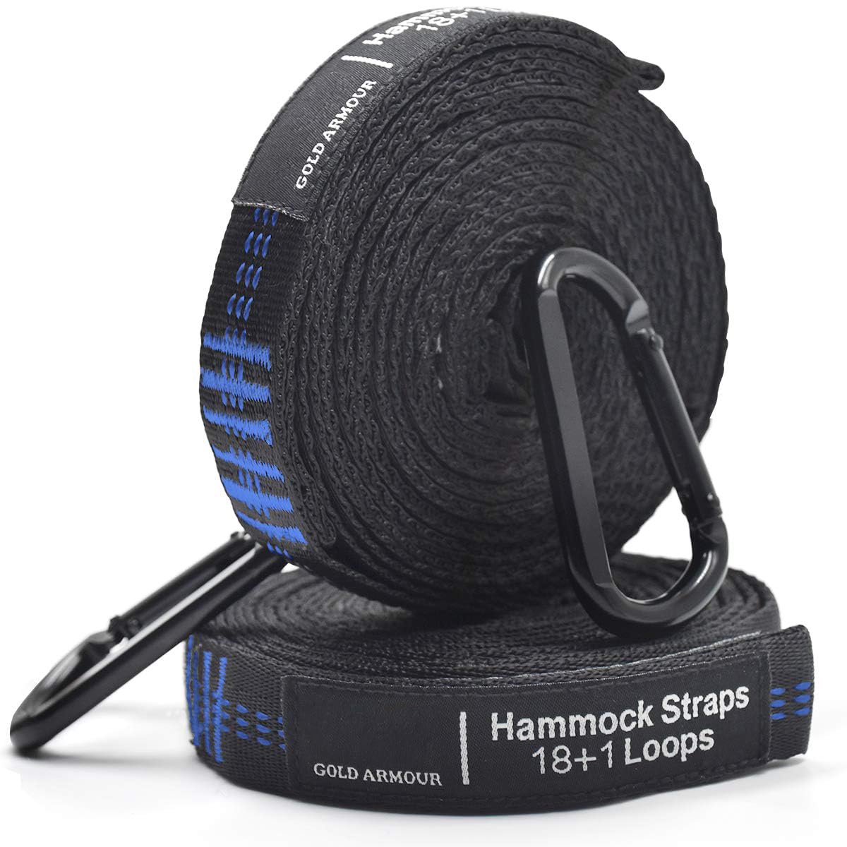 Gold Armour Hammock Straps XL, Camping Hammock Tree Straps Set (2 Straps, 2 Carabiners, Carrying Bag), 20 ft Long Combined, 36 Loops, Must Have Accessories & Gear (Black with Blue Stitching)