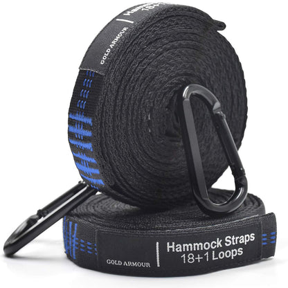 Gold Armour Hammock Straps XL, Camping Hammock Tree Straps Set (2 Straps, 2 Carabiners, Carrying Bag), 20 ft Long Combined, 36 Loops, Must Have Accessories & Gear (Black with Blue Stitching)