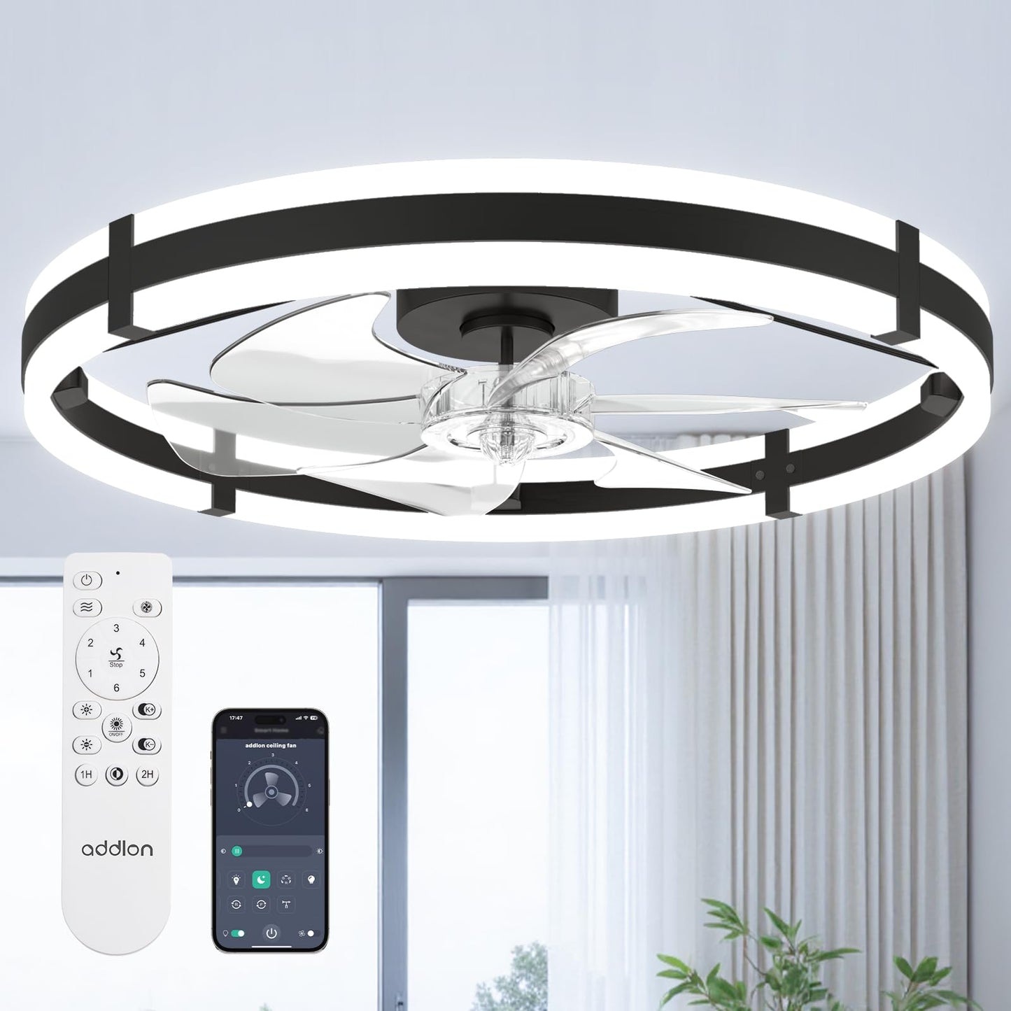 addlon 24'' Ceiling Fans with Lights and Remote, Low Profile Flush Mount Ceiling Fan with Light, 3000-6000K Dimmable LED Fandelier, Modern Small Black Ceiling Fan for Bedroom, Kitchen, Living Room