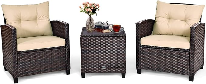 COSTWAY 3PCS Patio Furniture Set, PE Rattan Wicker Sofa w/Washable Cushion and