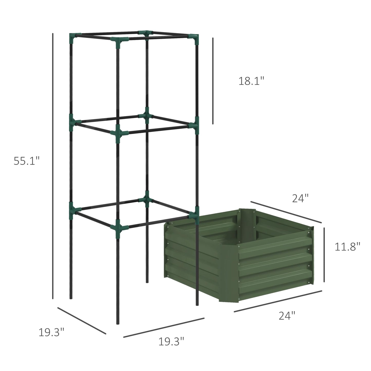 Outsunny Galvanized Raised Garden Bed, 55" Tall Outdoor Planter Box with Trellis Tomato Cage and Open Bottom for Climbing Vines, Vegetables, Flowers in Backyard, Garden, Patio, Green
