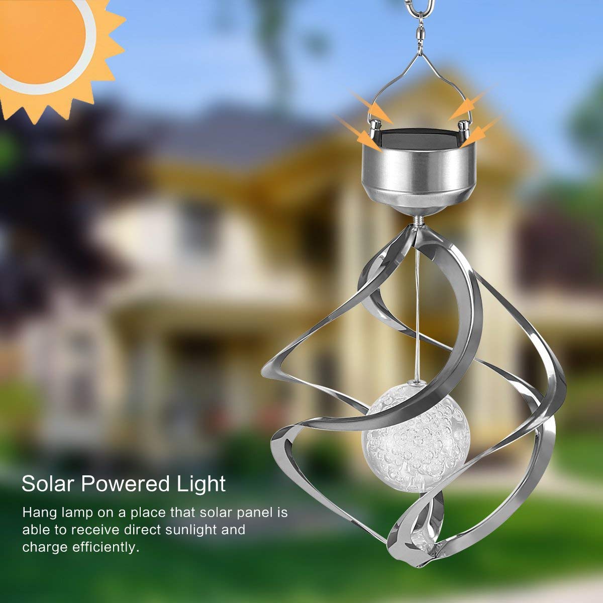 Powstro Solar Hanging Crystal Ball LED Lamp for Lawn Garden Outdoor Decor