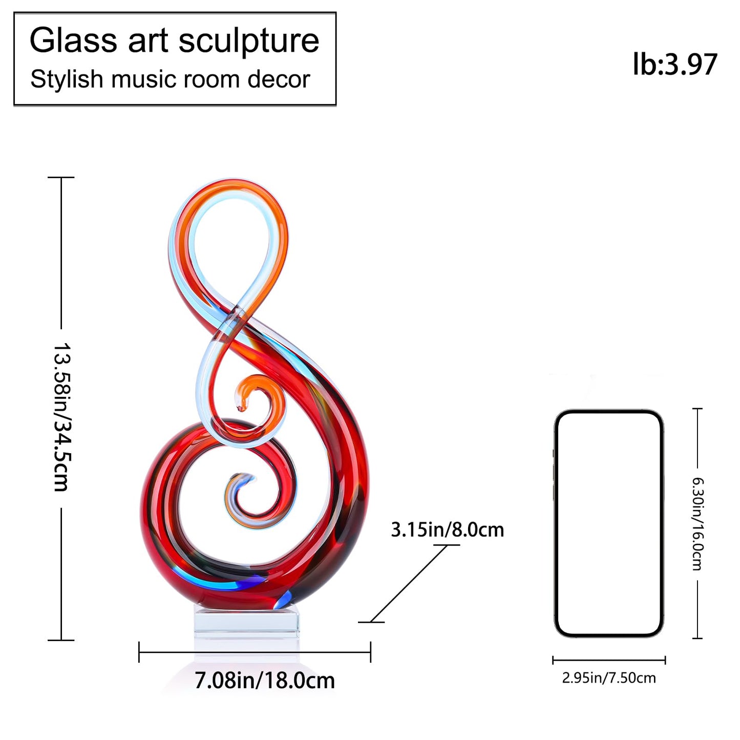 LCCCK 13" H Large Glass Sculpture Blue Hand Blown Glass Figurines Art Music Decor, Modern Red Glasses Decor Crystals Statue Knick Knacks- for Luxury Home Living Room Office Console Table Decoration
