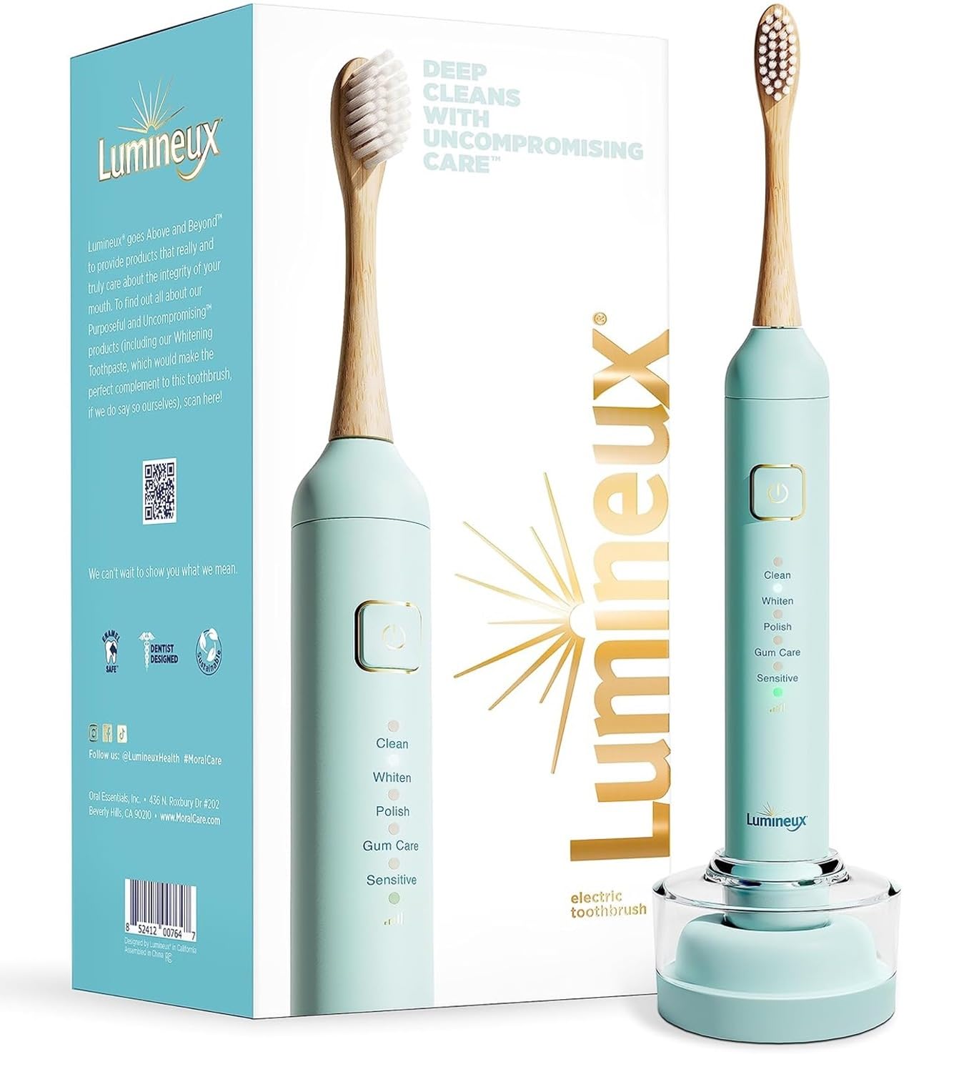 Lumineux Teeth Whitening Sonic Bamboo Electric Toothbrush for Adults - Includes 2 Soft Bristle Replaceable Bamboo Toothbrush Heads, Charging Station & USB Charge Cord - Rechargeable, Bloom Pink