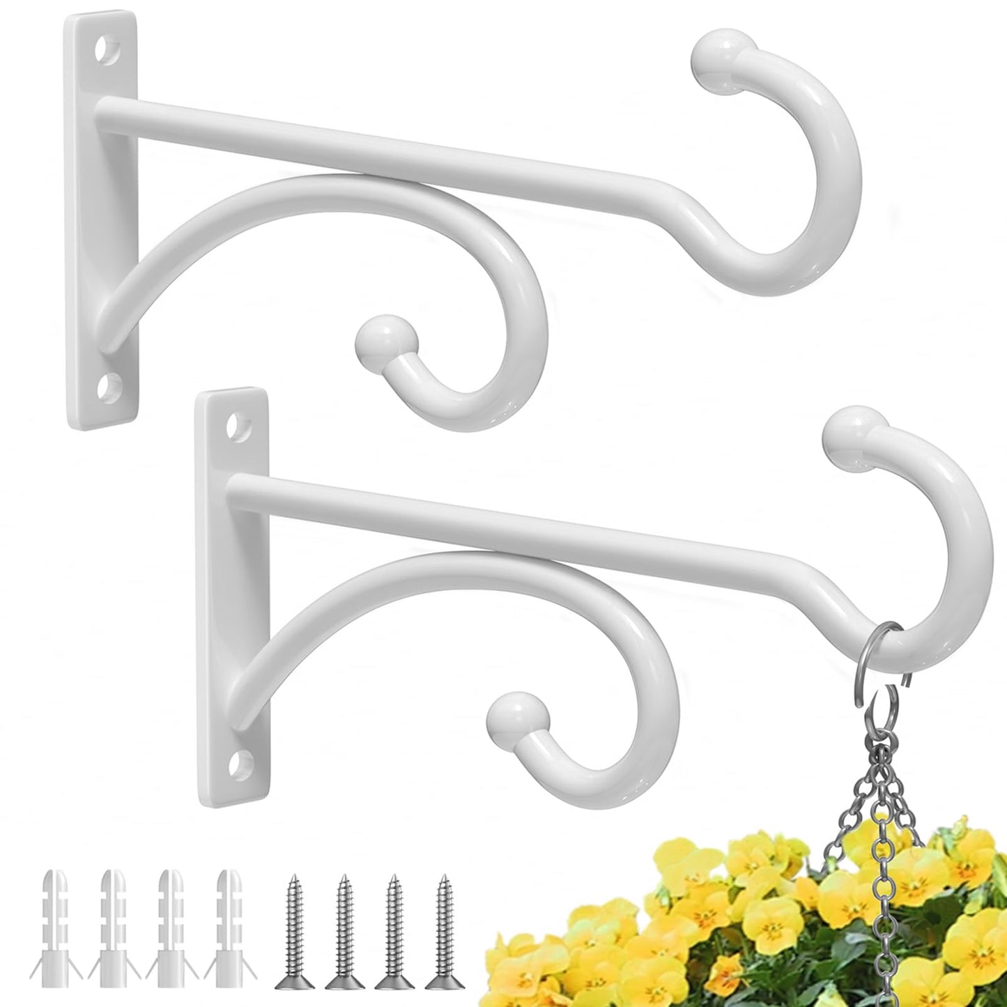 pickpiff 6-Inch Planter Hooks for Hanging Plants - Plant Hanger Hook Indoor Outdoor, Plant Wall Hooks, Brackets for Hanging Plants, Baskets, Wind Chime, Bird Feeder, Bird House (White, Metal, 2 Pack)