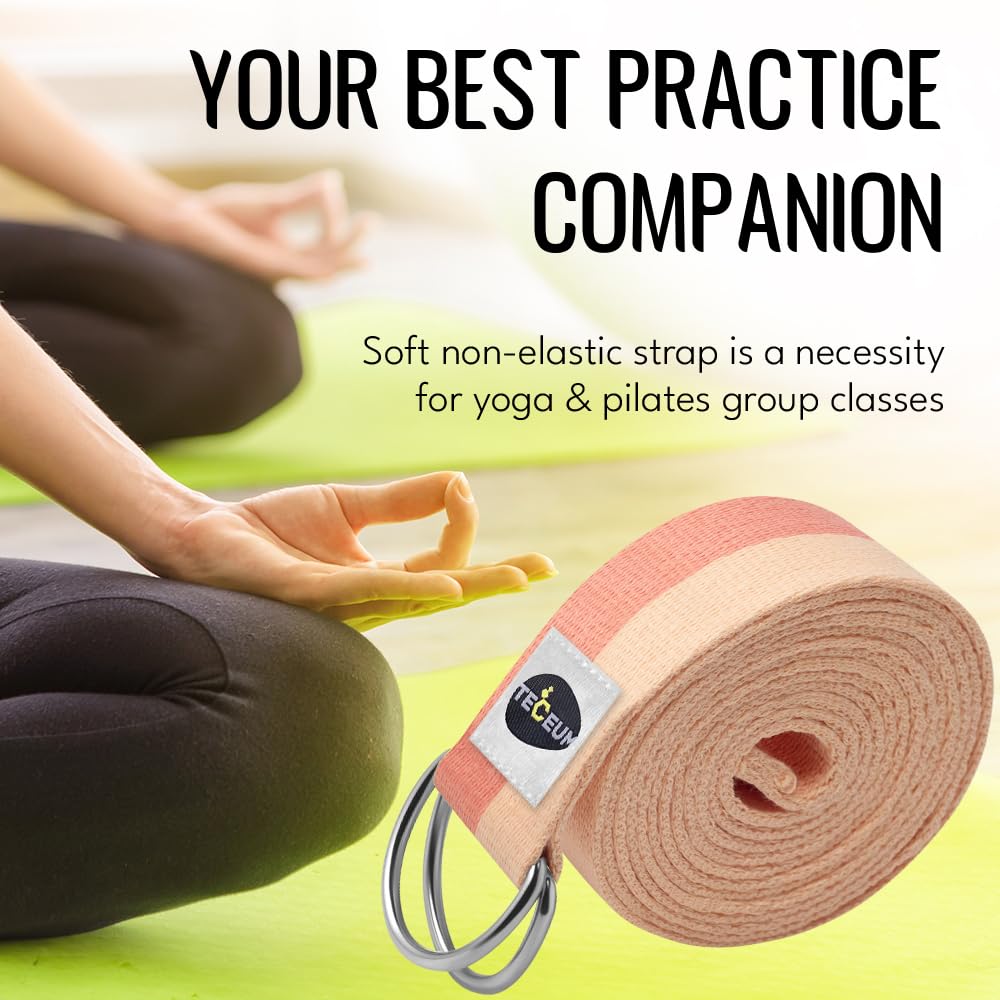 TECEUM Yoga Strap & Mat Strap – 2 in 1 – Cotton – 6 ft 8 ft 10 ft (30+ Colors) – Adjustable Non-Slip Belt for Yoga, Pilates, Stretching, Physical Therapy, Fitness & Home Workout – for Carrying Mats