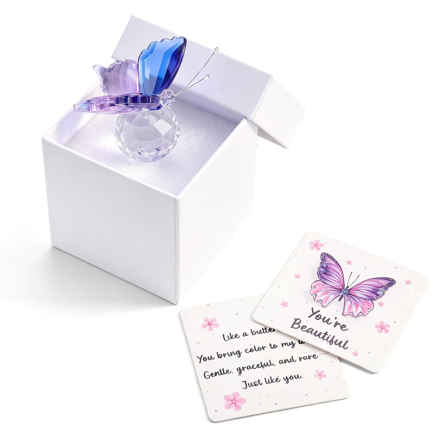 Crystal Butterfly Figurine, "You're Beautiful" Encouragement Gift with Card & Gift Box, Thinking of You Present for Mom Sister, Sympathy Get Well Soon Gift for Women, Blue-Purple Butterfly Decor