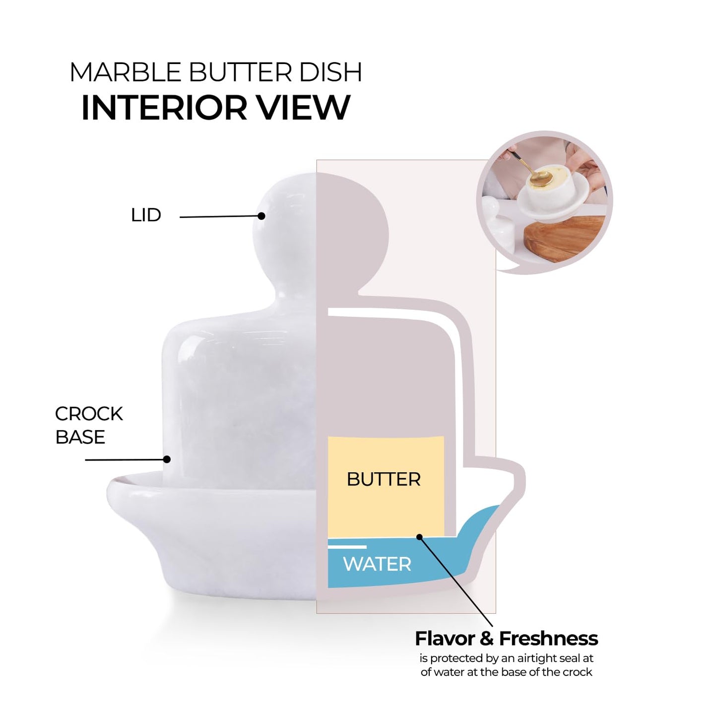 Marble Mini Butter Dish with Lid 4 Inch White French Butter Crock, Soft Butter Spreader, Butter Keeper for Kitchen Décor and Storage, Gift for Her Mother’s Day