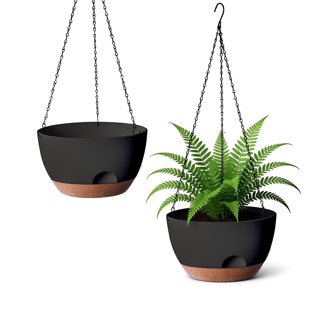 LESOASIS Hanging Planter for Indoor Plants, 10 Inch Self-Watering Hanging Planters with Drainage Holes and Chain, Set of 2 Outdoor Hanging Pots for Garden Home