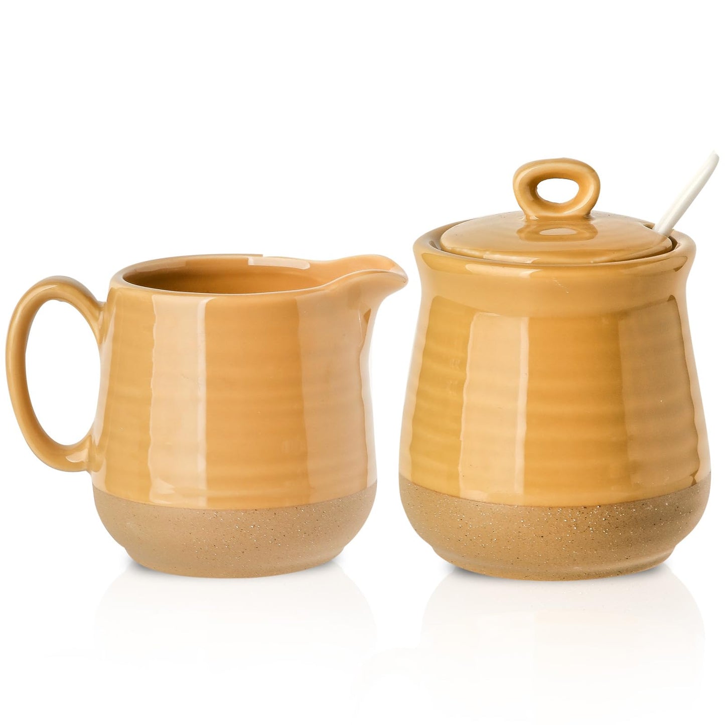 Hasense Sugar and Creamer Set, 11 Ounce Sugar Bowl with Lid and Spoon, 10 Ounce Creamer Container, Ceramic Cream and Sugar set for Coffee Bar, Dishwasher Safe, Yellow