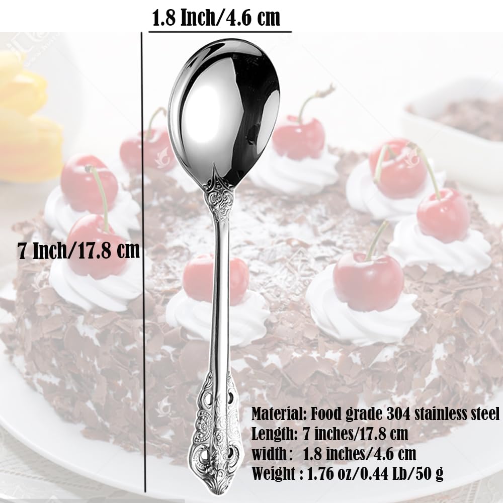 Siaiqiang Gorgeous Large Round Soup Spoons,18/10 Stainless Steel Fine Embossed Texture Soup Spoons Set,Table Spoon Silverware,Bouillon Spoons,Silver (4 pack)