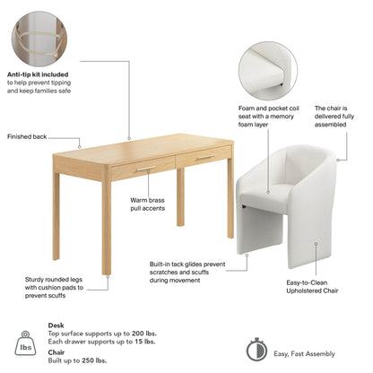 Bush Home Vera 54W Writing Desk with Upholstered Barrel Office Chair, Home Office Furniture, Vera Collection, Natural White Oak and Light Cream Fabric