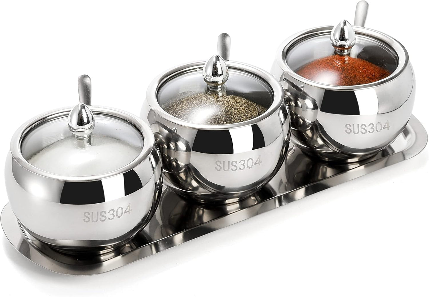 Hedume 3 Grids 304 Stainless Steel Seasoning Containers Set with Lid Spoon and Tray, Condiment Jar Spice Container, Condiment Canisters Pots for Serving Sugar, Pepper, Salt, Spice