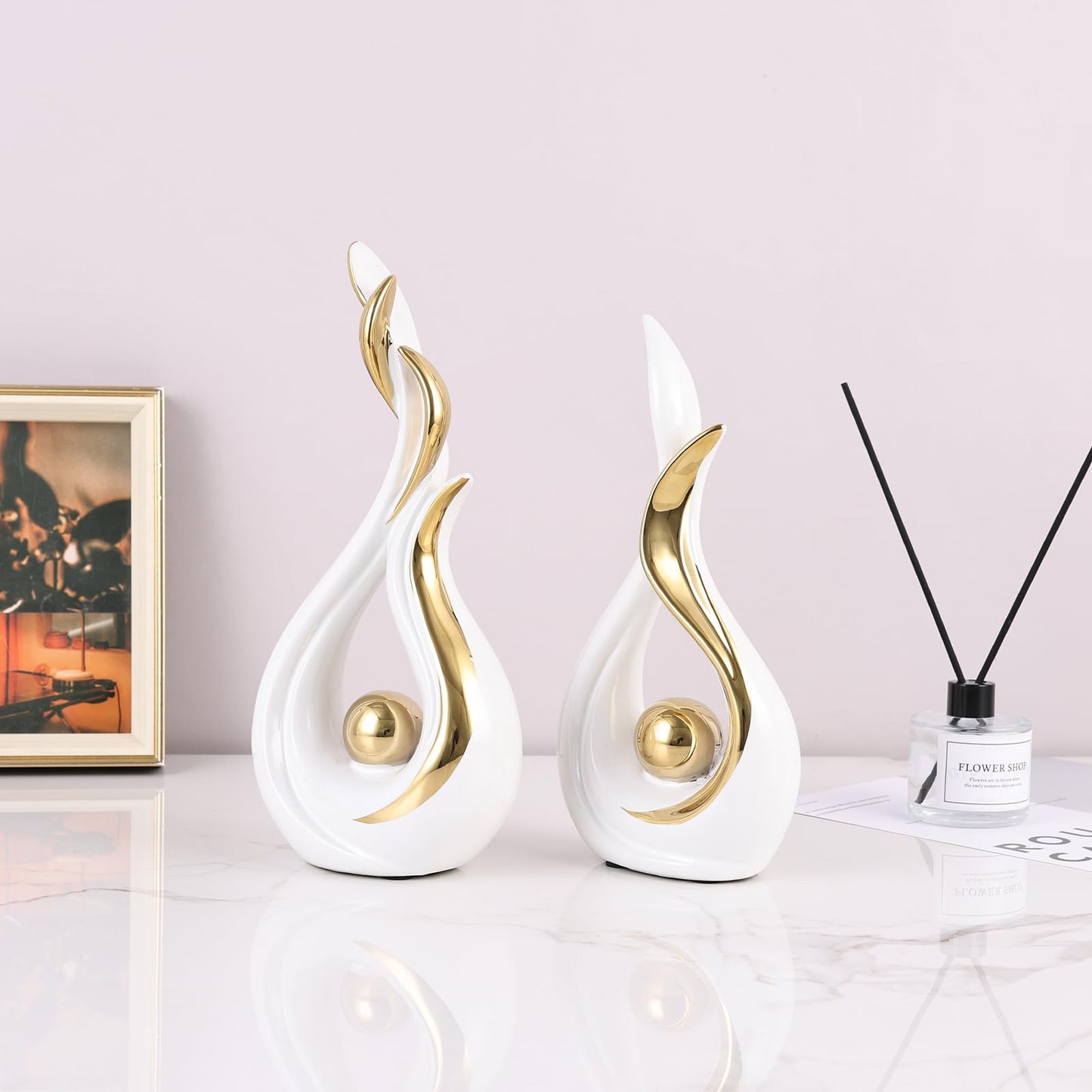 2PCS Abstract Flame Ceramic Sculpture Set – Modern Figurines for Living Room Table Centerpiece, Dining Table Decor, Bedroom Table Decor, Shelf Sculpture, Fireplace, and Home Decoration (White Gold)