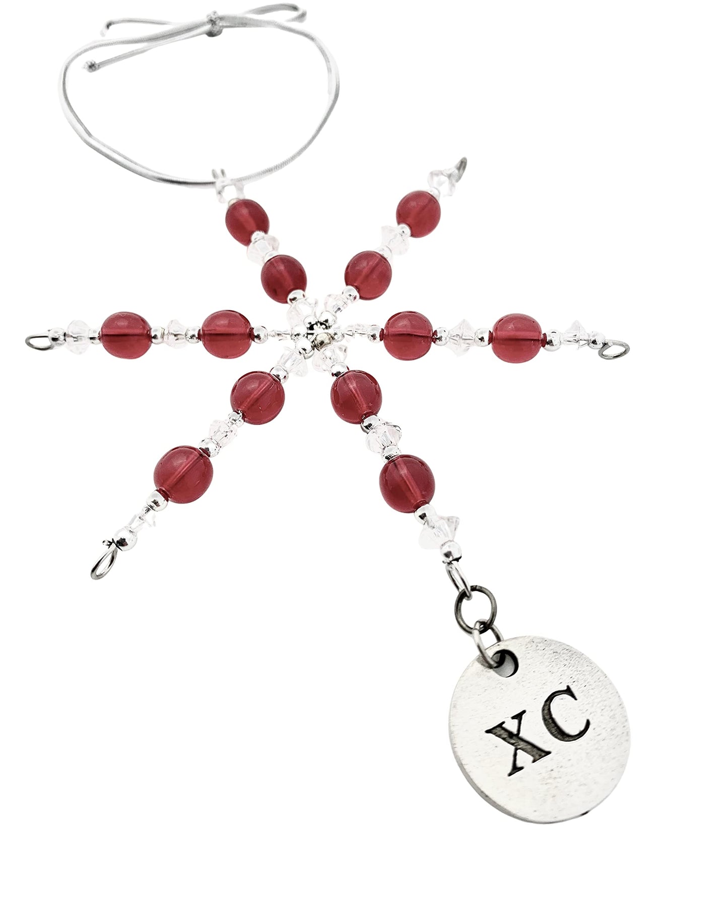 XC Ornament - Beaded Snowflake XC Cross Country Christmas Ornament/Gift Tag with Round Pewter XC Charm with Jewelry Box - Handmade with Red Vintage Beads