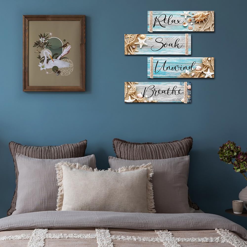 POILKMNI 4 PCS Ocean Beach Wood Relax Soak Unwind Breathe Art Sign Hanging Wooden for Decor Living Room Laundry Spa Washroom