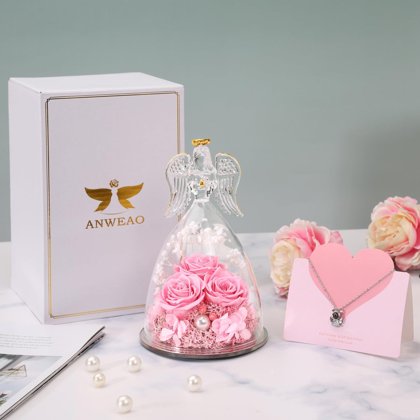 ANWEAO Mothers Day Birthday Gifts for Her Preserved Real Rose in Angel Glass Crystal Angel Figurines,The Best Mothers Day Christmas Anniversary Birthday Gift for Mum Wife (Pink)