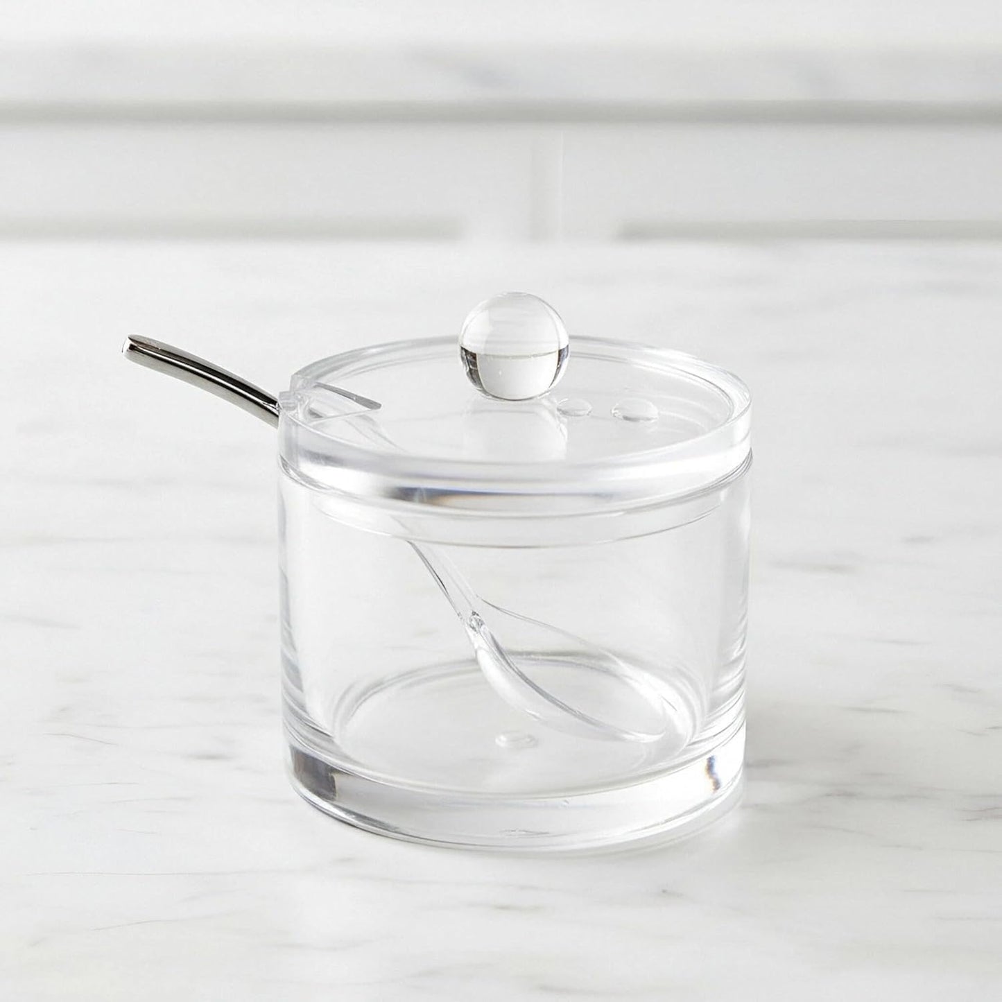 J&M DESIGN Sugar Bowl With Lid And Spoon, 8 oz Airtight Container, Clear Acrylic Sugar Jar Holder for Coffee Bar, Tea and Baking