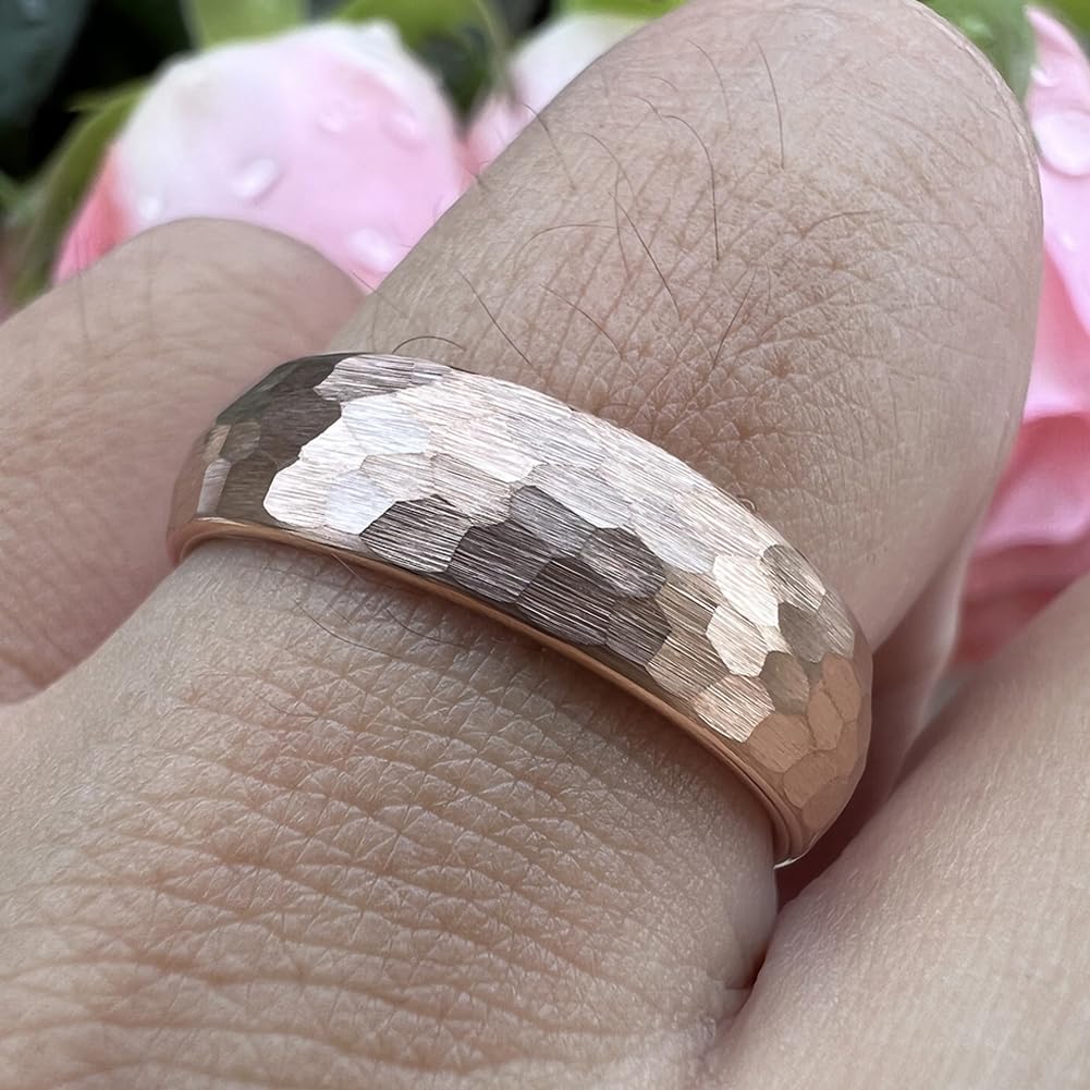 TUTISS 6mm Rose Gold Hammered Tungsten Rings for Men Women Engagement Wedding Bands Domed Matte Finish Comfort Fit Size 5