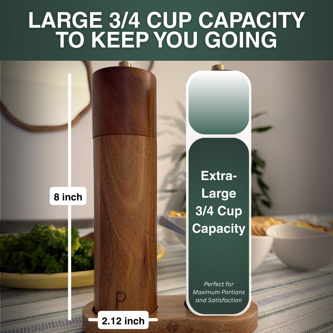 N Nelit Wooden Salt and Pepper Grinder Set: 8 Inch Refillable Acacia Salt & Pepper Mills with Adjustable Ceramic Grinder, Manual Spice Grinder for Customized Coarseness, Gift for Father's Day