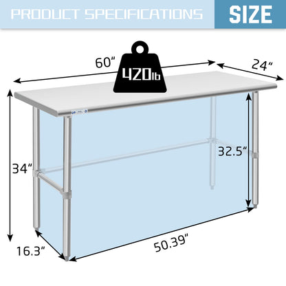 Hally Open Base Stainless Steel Table 24 x 60 Inches, NSF Commercial Heavy Duty Prep & Work Table with Galvanized Legs for Restaurant, Home and Hotel