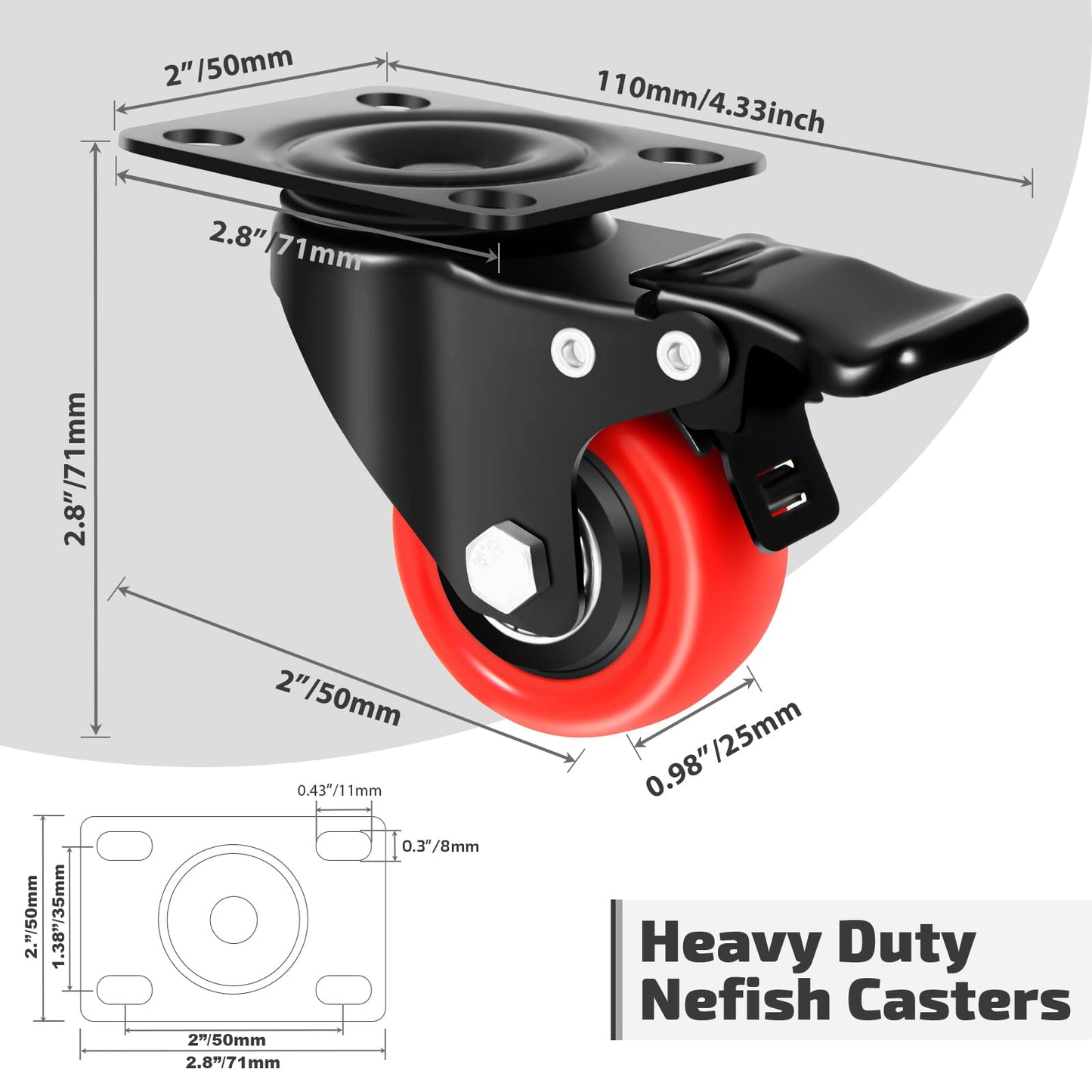 Nefish 2 Inch Casters Set of 4, Heavy Duty Top Plate Caster Wheels with Brake 600 Lbs, Dual Locking Furniture Castors, 360 Degree Swivel Casters, No Noise Polyurethane Wheels for Cabinet, Furniture