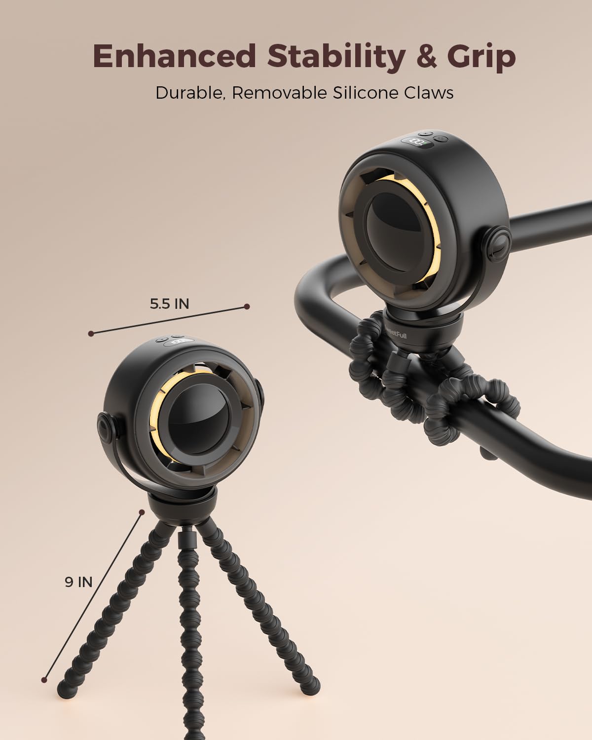 SWEETFULL Baby Stroller Fan - 4000mAh Rechargeable 4-Speed Quiet with LED Display & Night Light, Mini Portable 360° Clip On Safe Fan for Car Seat, Crib, Travel - Black