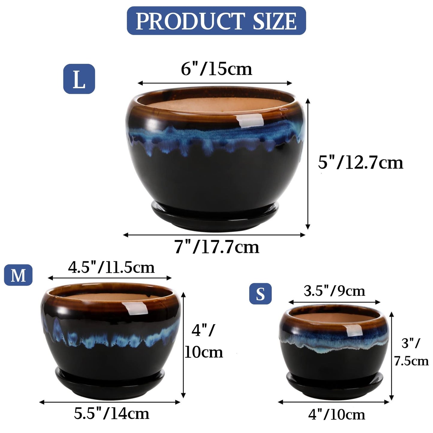 AVLA 3 Pack Ceramic Flower Pots, Gardening Drip Glazed Planter, Plant Pot with Drainage Hole and Saucer, 7/5/4 Inch Rustic Houseplant Container for Succulent Herbs Cactus Orchid, Home Indoor Outdoor
